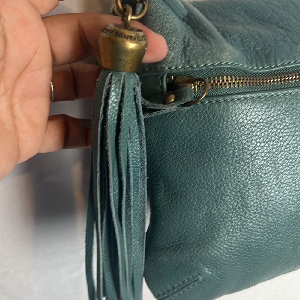 Lucky Brand Teal Leather Foldover Crossbody Hobo Bag Boho Fringe Distressed - Picture 8 of 15